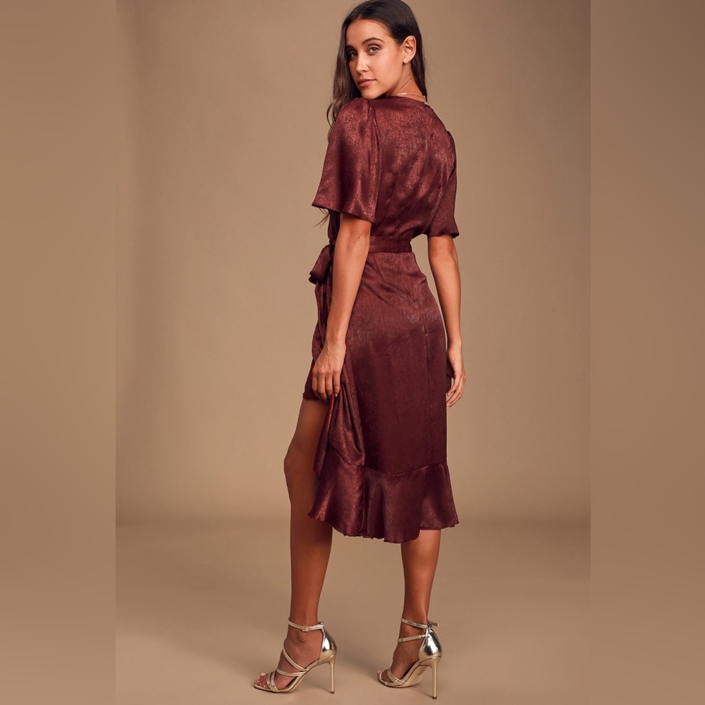 NWT Lulus Burgundy Satin Faux-Wrap Midi Dress